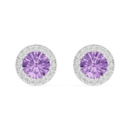 Round Amethyst Lab Diamond Halo Earrings gallery image 1