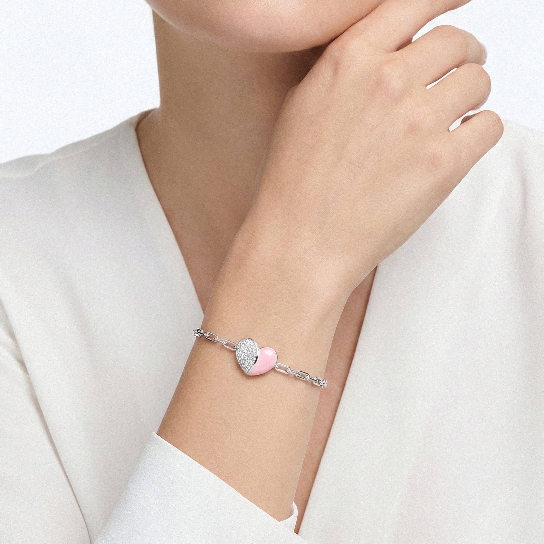 Amara Pink Ceramic Pavé Heart Silver Bracelet Lab-Grown Diamond Lab. gallery image 1