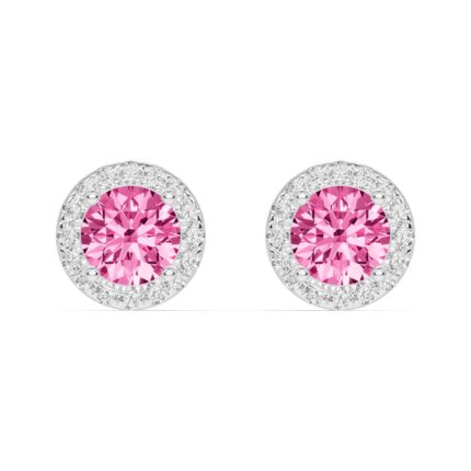 Round Pink Tourmaline Lab Diamond Halo Earrings gallery image 1