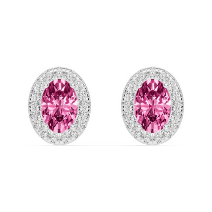 Oval Pink Tourmaline Lab Diamond Halo Earrings gallery image 1