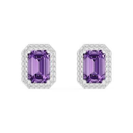Halo Emerald-Cut Amethyst Silver Earrings gallery image 1