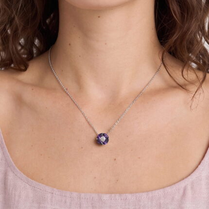 Amethyst Floral Lab Diamond Silver Necklace gallery image 1