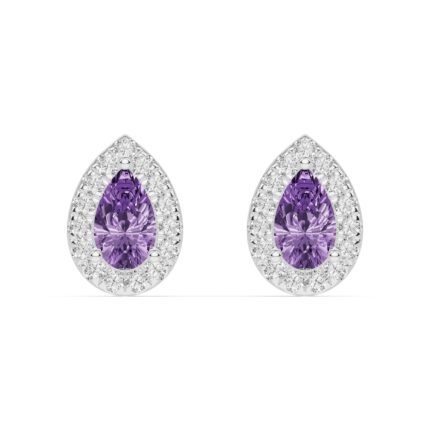 Pear Amethyst Lab Diamond Halo Earrings gallery image 1