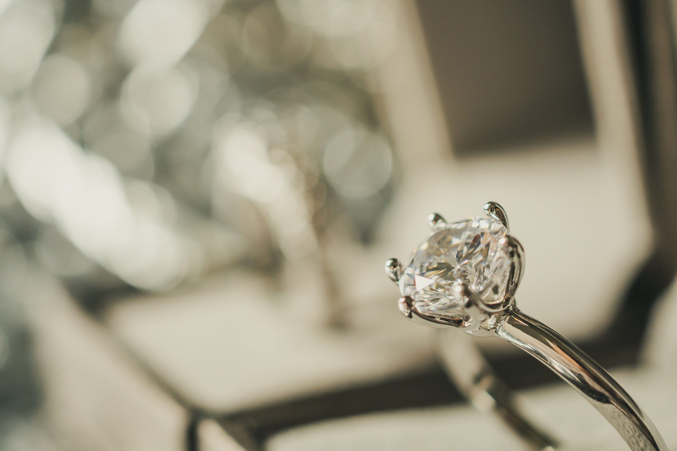 Solitaire diamond ring in a jewellery display